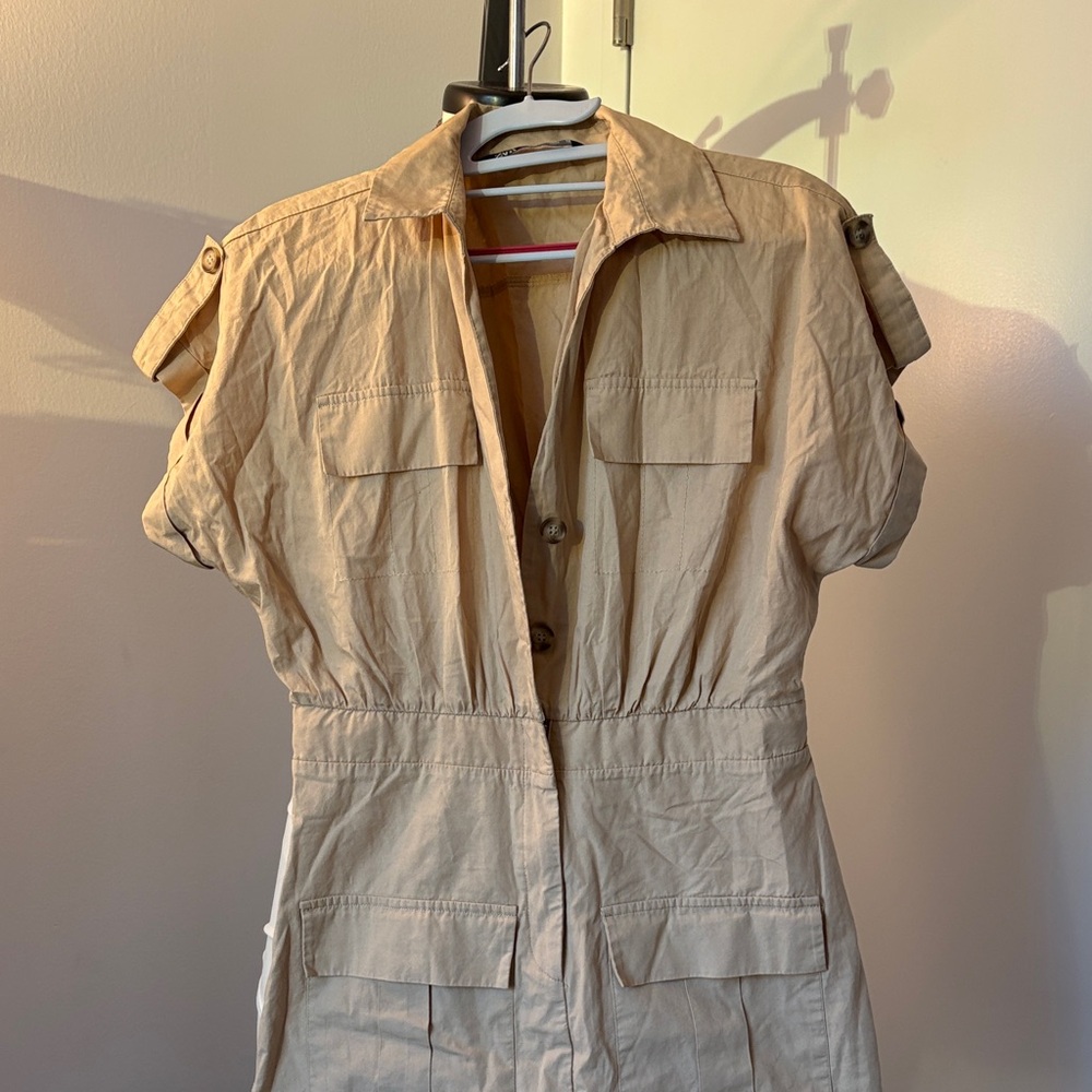 Zara Beige Short-Sleeve Utility Jumpsuit